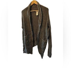 Wool Blend Tan & Black Striped Slouchy Loose Fit Open Cardigan Sweater S